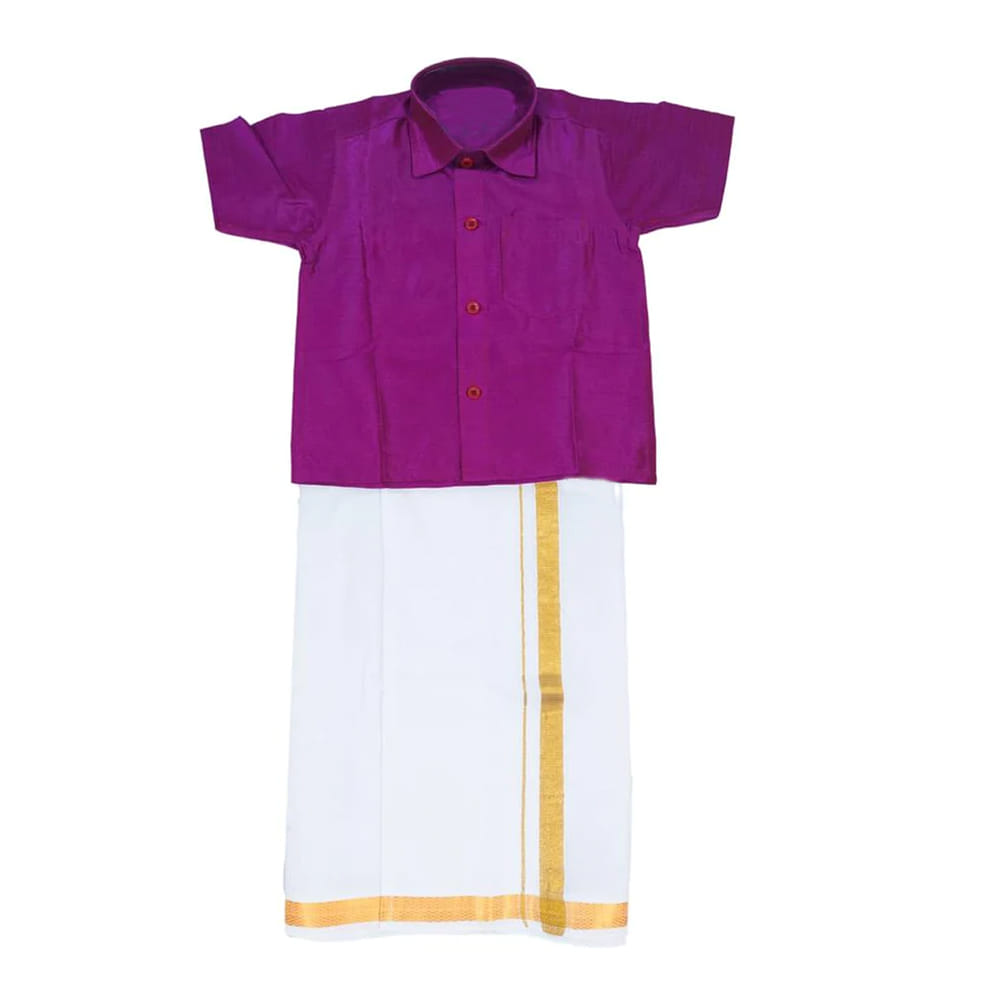 Kids Boys Purple Silk Cotton Shirt and Dhoti Set