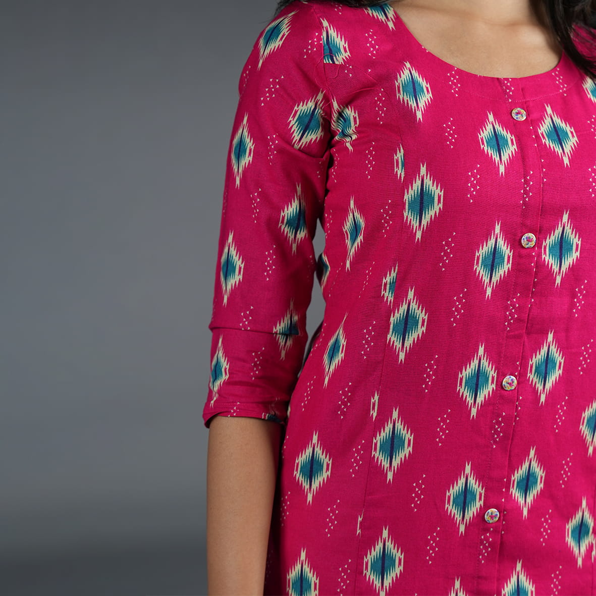 Rani Pink Cotton Ikat Cotton Print| Stunning Princess Cut Round Neck| Kasthuri Kurti for Women
