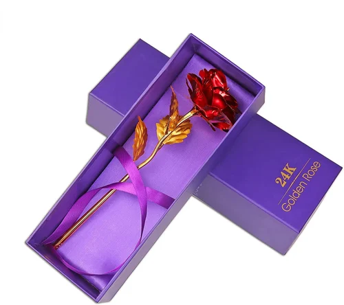 Red Rose Flower with Golden Leaf with Gift Box 