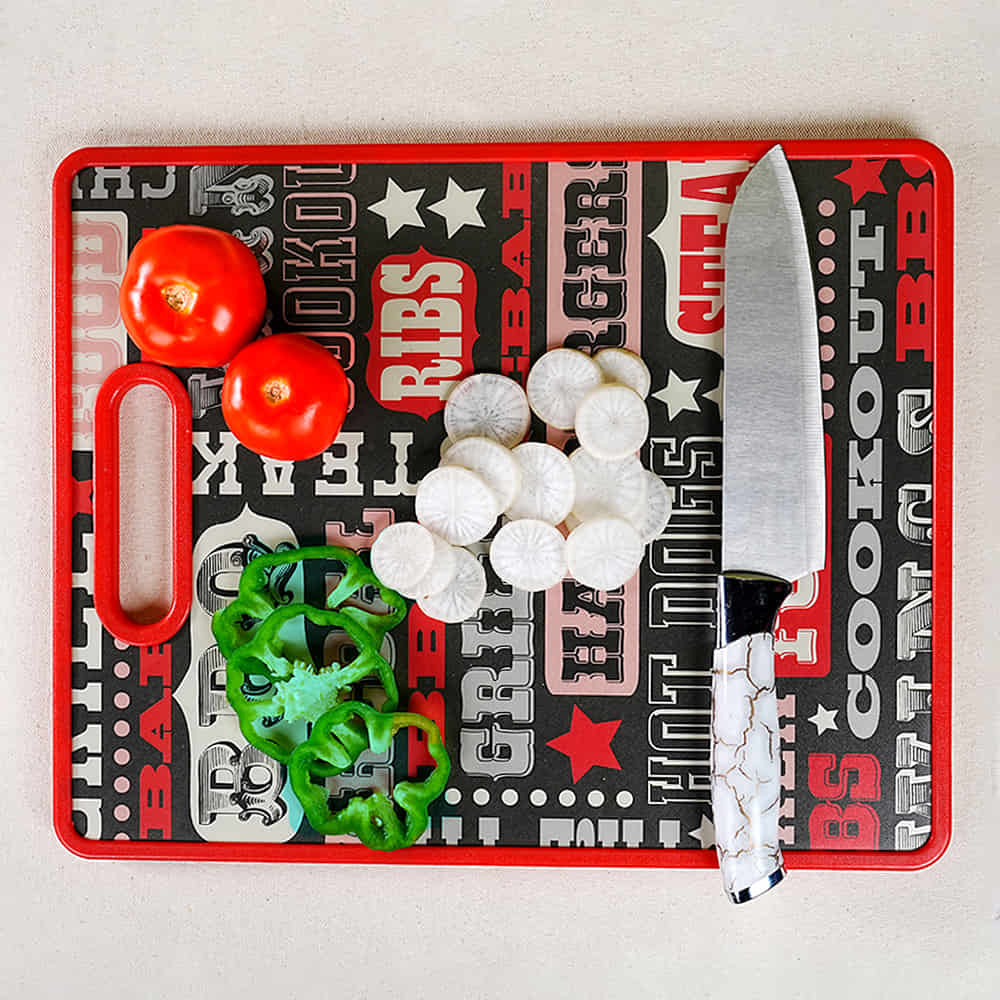 Red & Black Alphabet Print Plastic Cutting/ Chopping Board for Fruits and Vegetables (30 x 38cm)