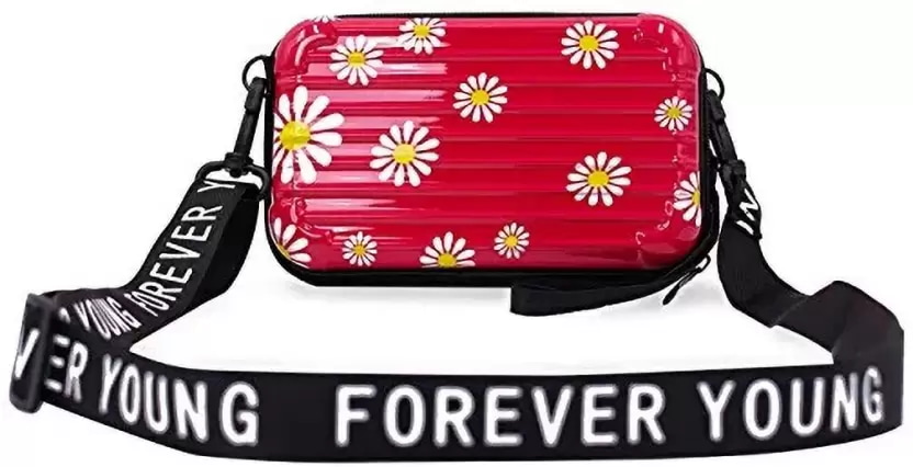 Red Floral Printed Cross Sling Cosmetic Bag Box For Girls with Detachable Shoulder Strap