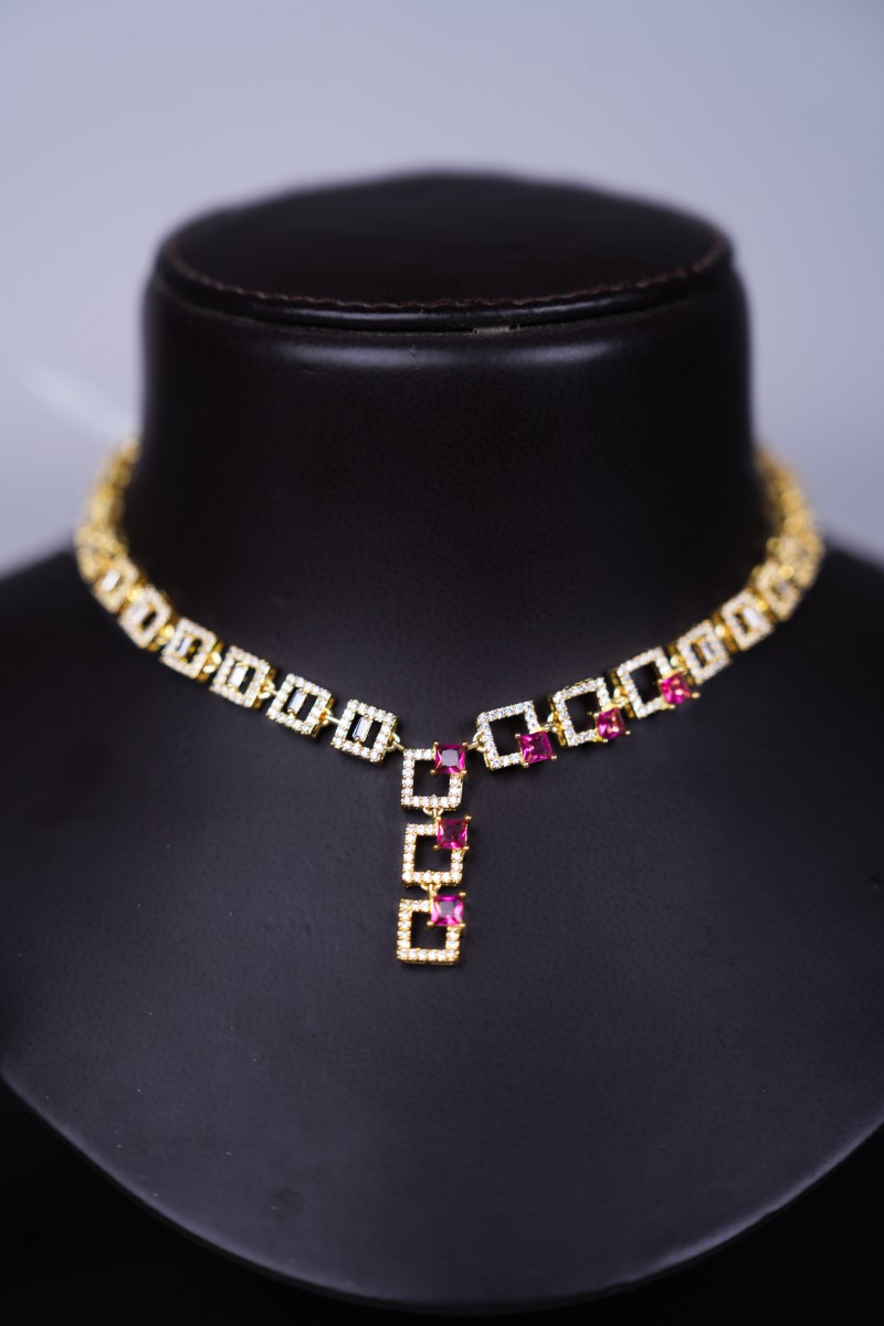 Gold Plated Square Zirconic with Gemstone Necklace Set