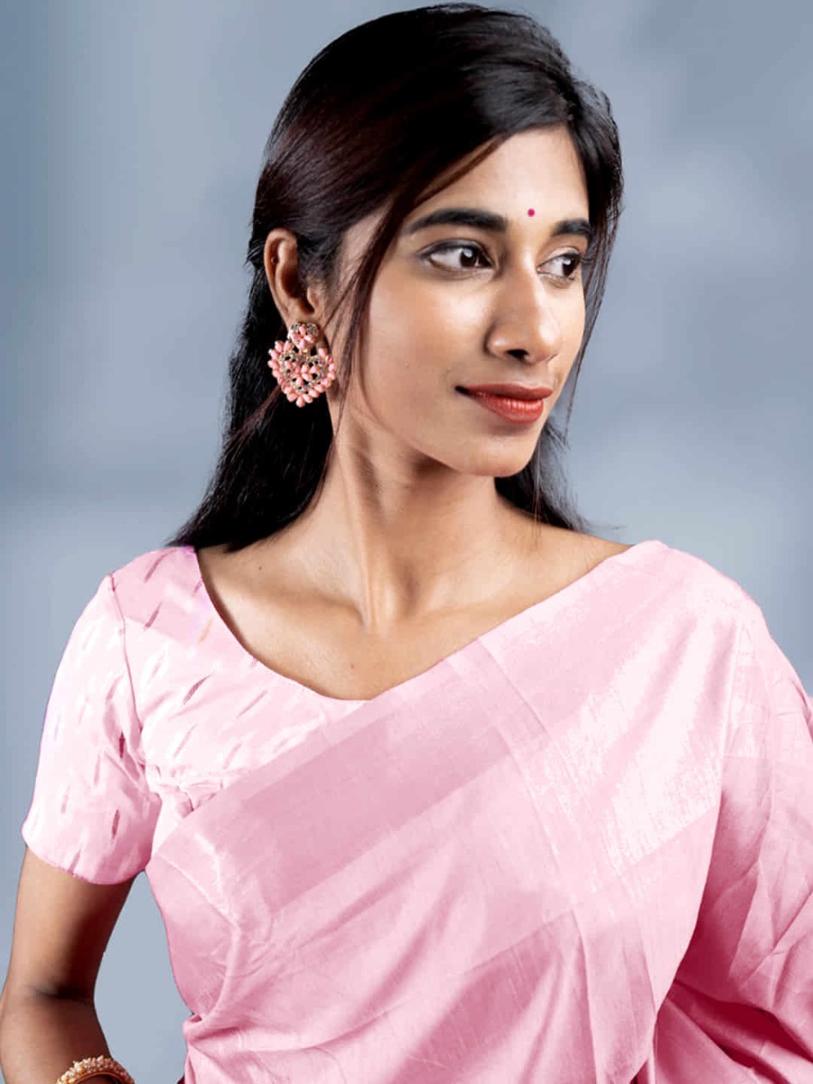 Stylish Fashion Baby Pink Vichitra Silk Plain Saree for Women