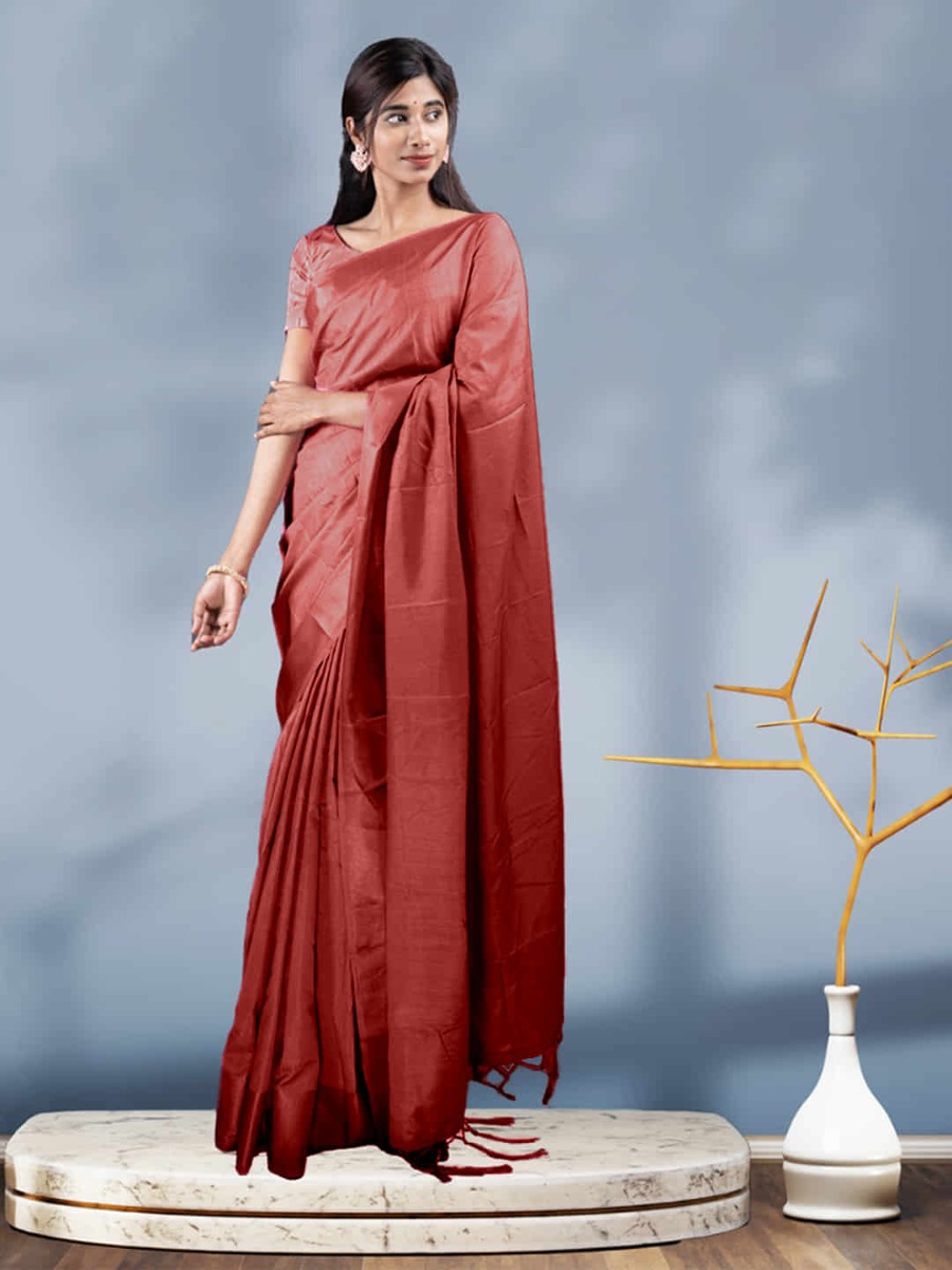 Stylish Fashion Maroon Vichitra Silk Plain Saree for Women