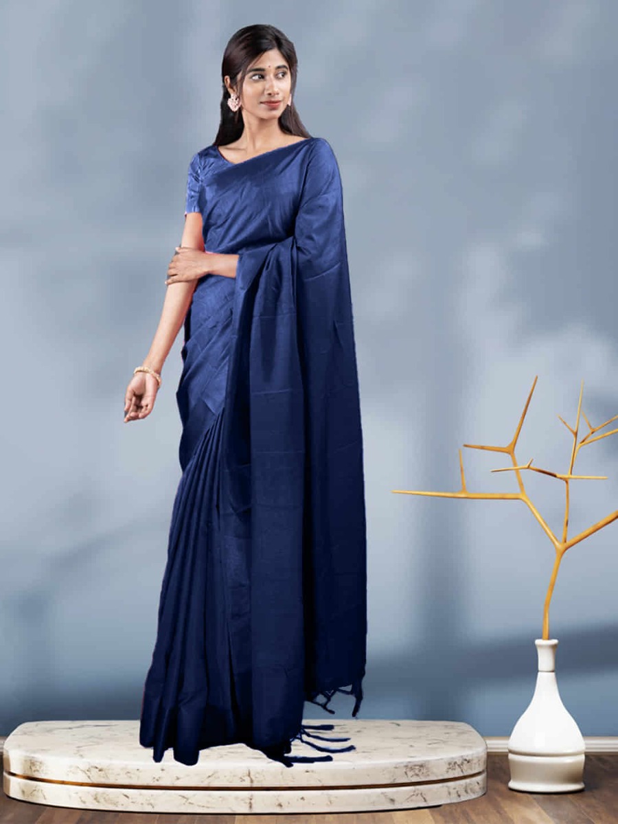Stylish Fashion Navy Blue Vichitra Silk Plain Saree for Women