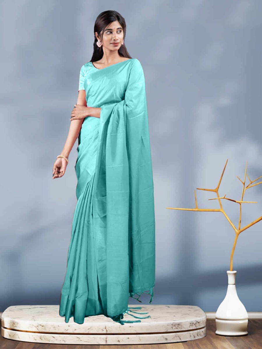 Stylish Fashion Sky Blue Vichitra Silk Plain Saree for Women
