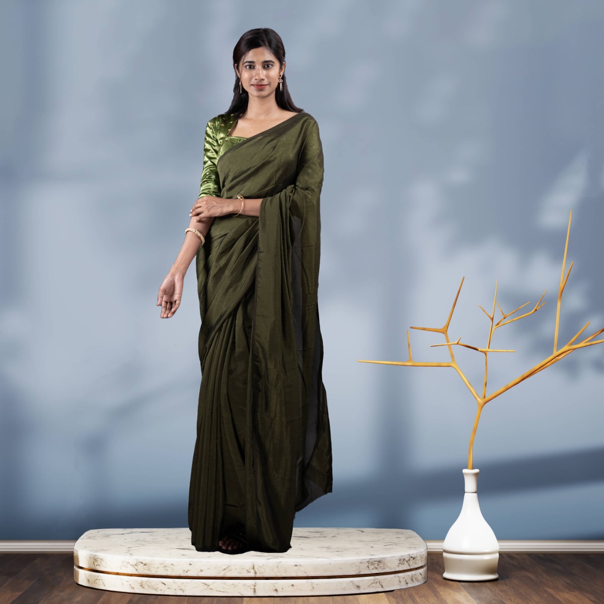 Stylish Fashion Olive Green Plain Vichitra Silk Saree for Women