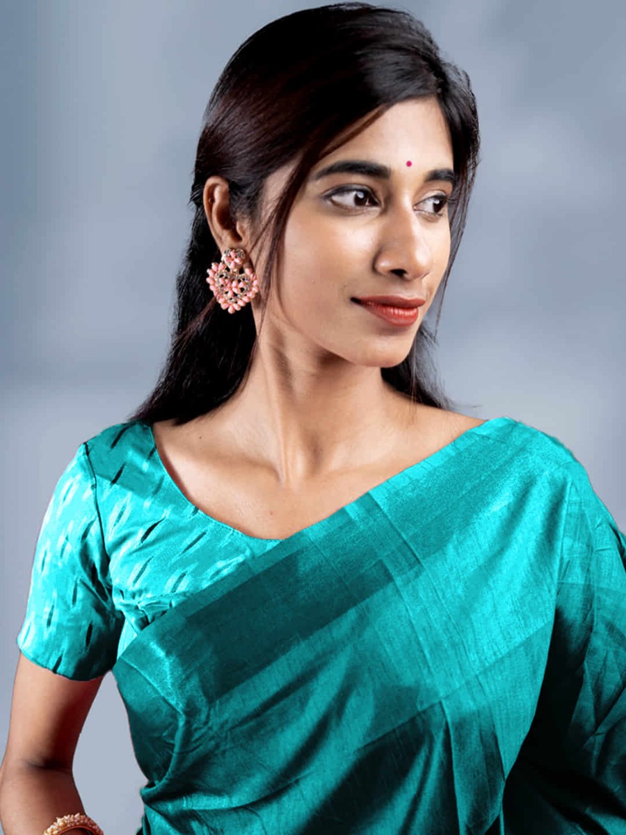 Stylish Fashion Teal Blue Vichitra Silk Plain Saree for Women