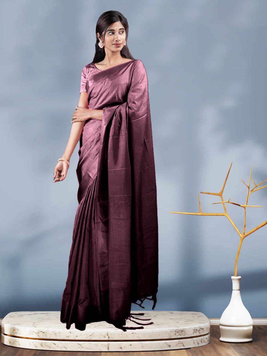 Stylish Fashion Wine Vichitra Silk Plain Saree for Women