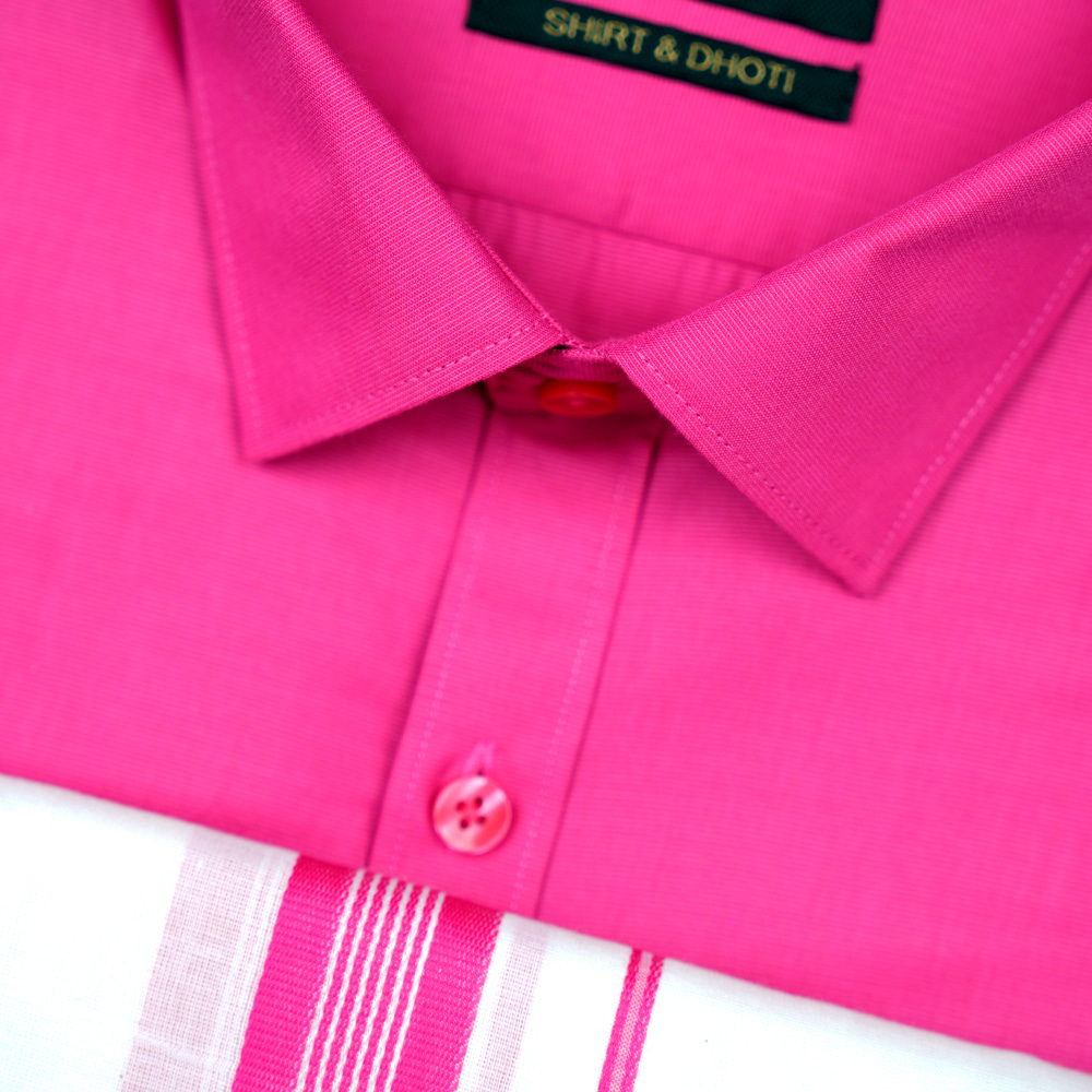 Sunder Solid Color Poly Cotton Shirt with Matching Border Dhoti Set- Dark Pink
