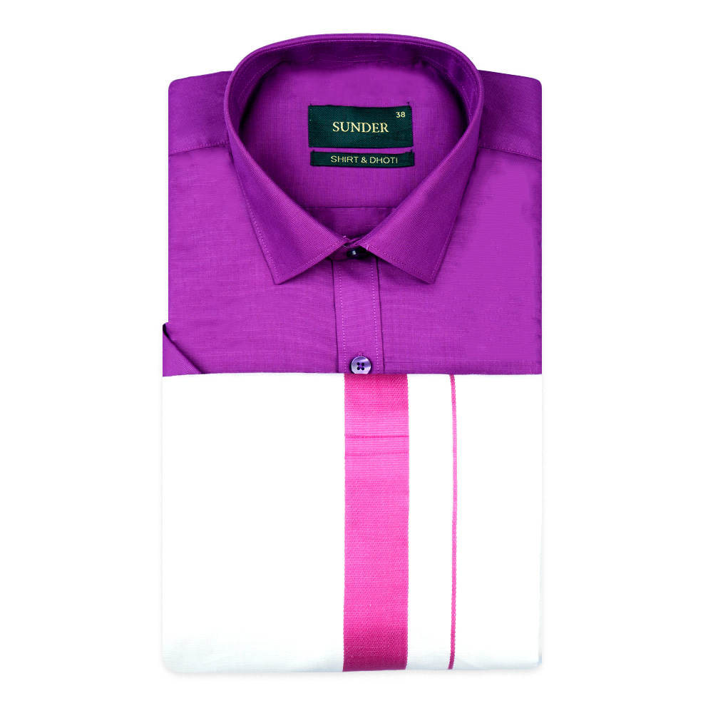 Sunder Solid Color Poly Cotton Shirt with Matching Border Dhoti Set- Purple