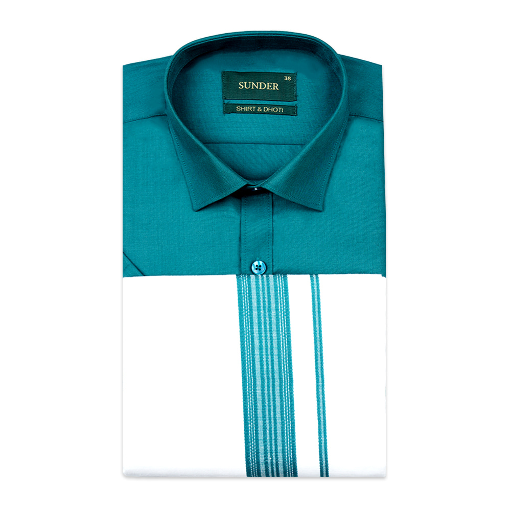 Sunder Solid Color Poly Cotton Shirt with Matching Border Dhoti Set- Teal Green