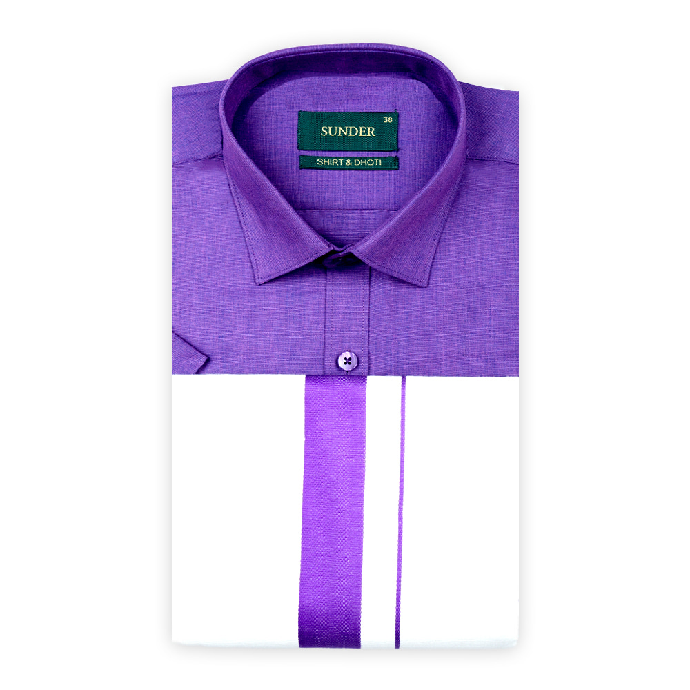 Sunder Solid Color Poly Cotton Shirt with Matching Border Dhoti Set- Violet
