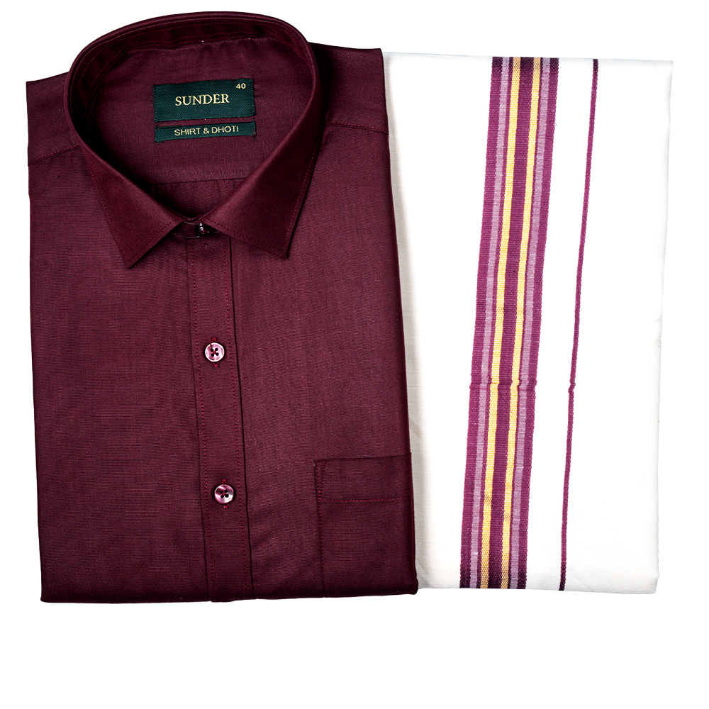 Sunder Solid Color Poly Cotton Shirt with Matching Border Dhoti Set- Maroon