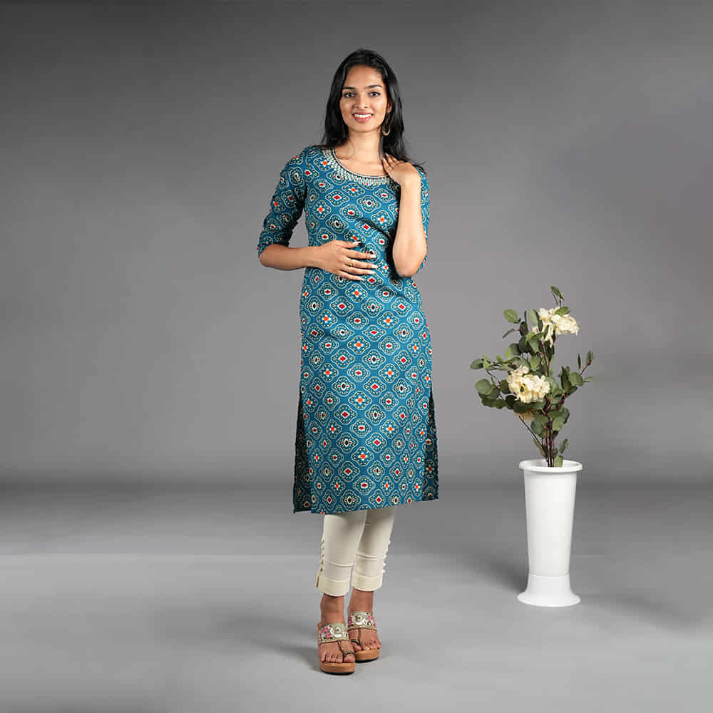 Teal Blue Cotton Block Print | Elegant Embroidered Neck Design | Kasthuri Kurti for Women