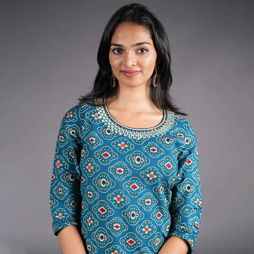Teal Blue Cotton Block Print | Elegant Embroidered Neck Design | Kasthuri Kurti for Women