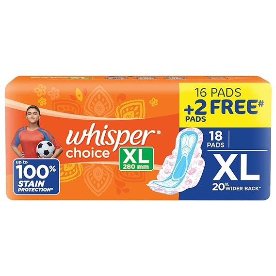 Whisper Choice XL 280mm Sanitary Pads| 18 thick Pads XL| Upto 100% Stain protection| Side safe Wings| 28 cm Long (Pack of 2)