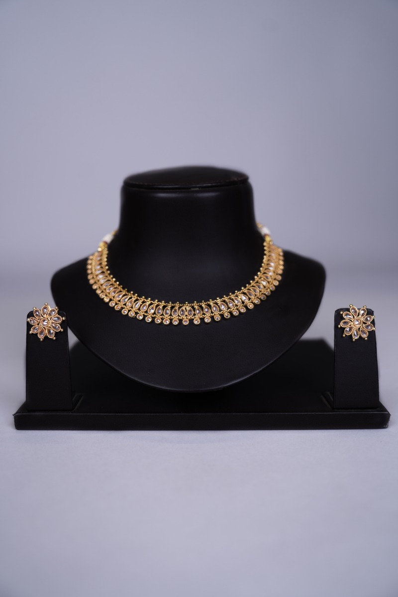 Gold Plated with White Stunning Enamel Design Necklace Set